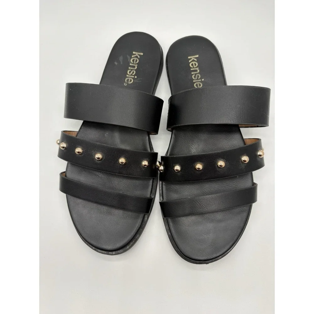 Kensie Women's Black Gold Tone Studded Flat Sandals, 7.5